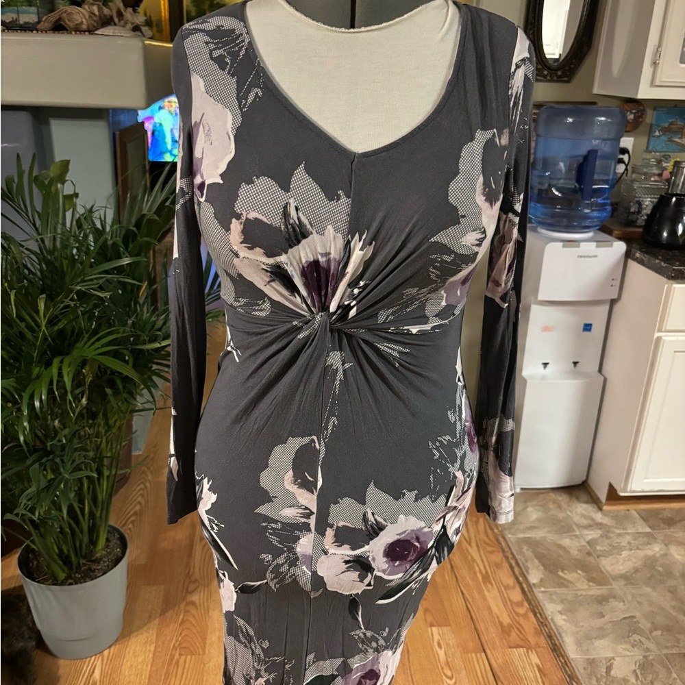 Jennifer Lopez Gray and Purple Floral Long Sleeve Dress